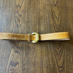 Vintage Lizard-Embossed Leather Belt w/ Brass Box-Frame Buckle - Made in Uruguay